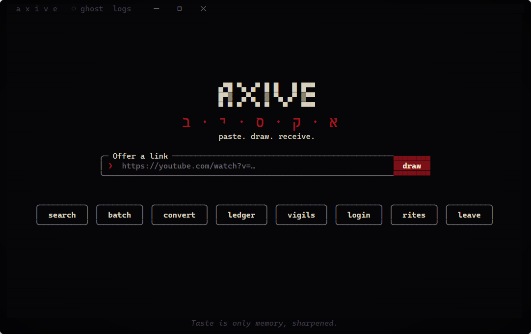 The Axive home screen: the AXIVE crest, a line of Hebrew letters, a box to paste a link with a red draw button, and a row of buttons for search, batch, convert, ledger, vigils, login and settings