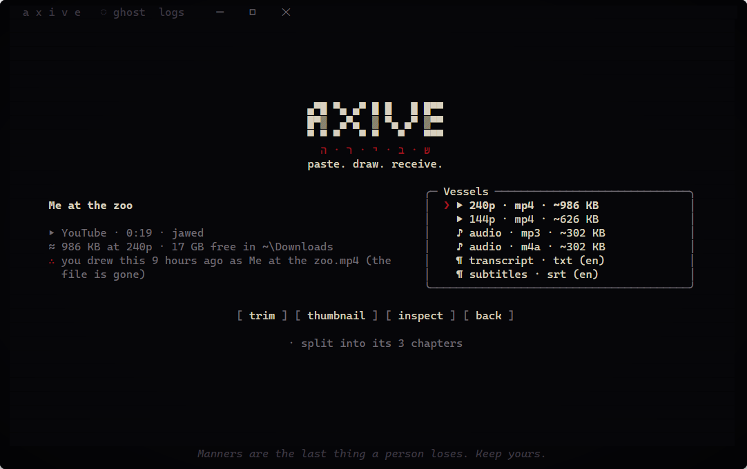 Axive's quality picker for a YouTube video: 240p and 144p video with sizes, MP3 and M4A audio, a transcript and subtitles, plus buttons for trim, thumbnail and inspect